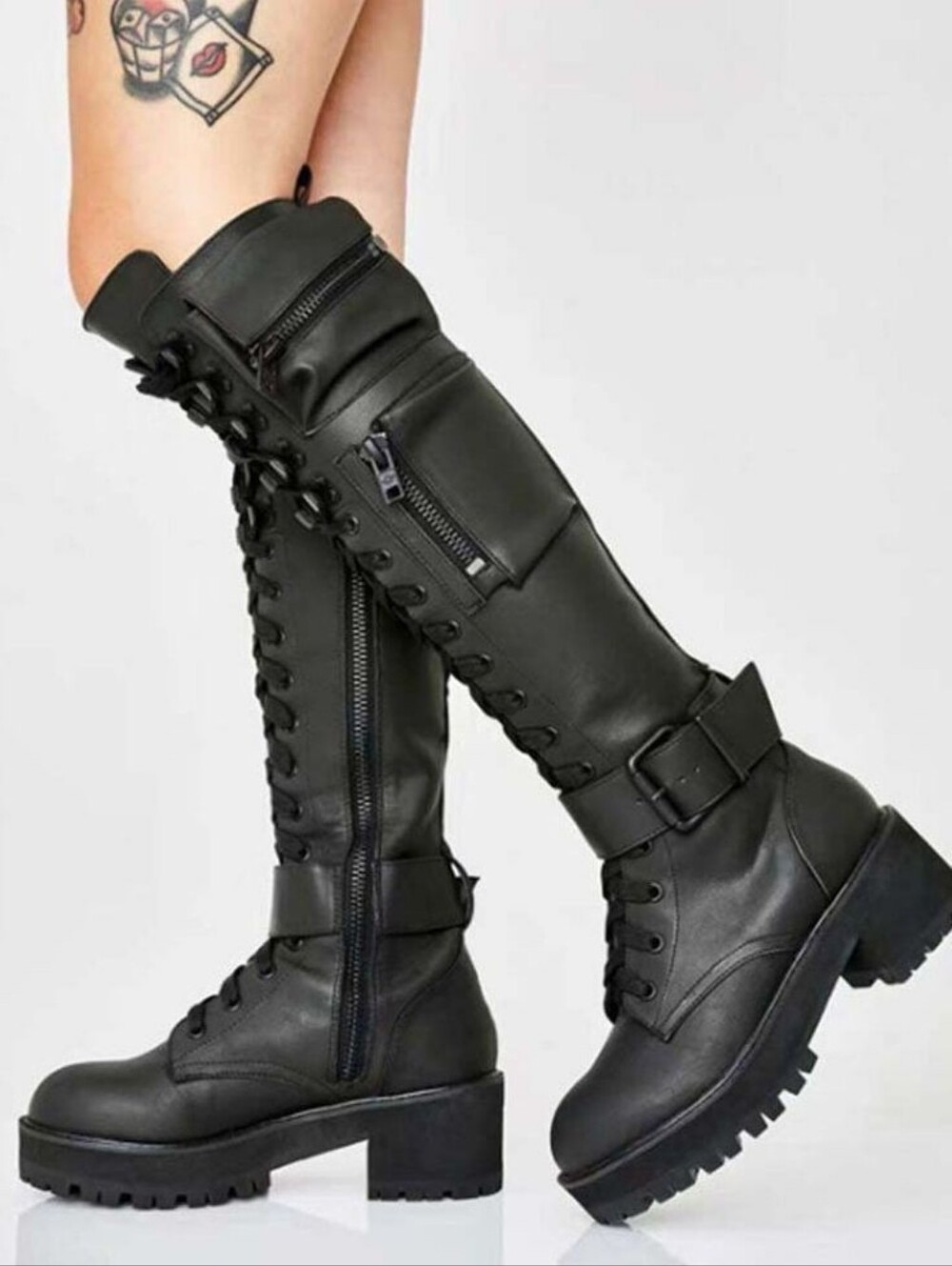 Dolls Kills Current Mood Obsidian Knee High Chunky Gothic Black Combat Boots